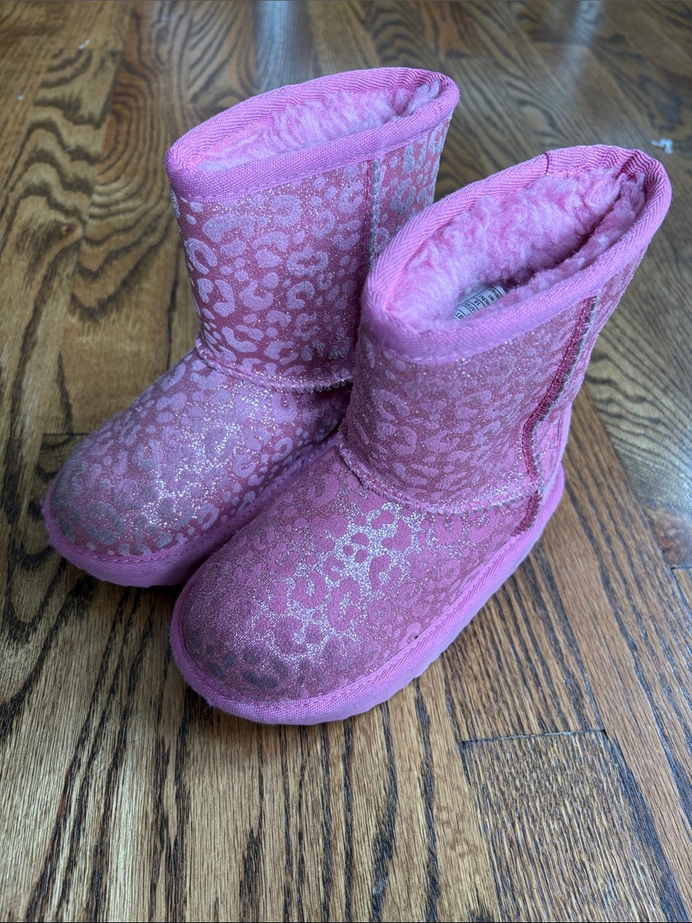 UGG Kids pink glitter leopard print, suede boots, size 9. Great condition